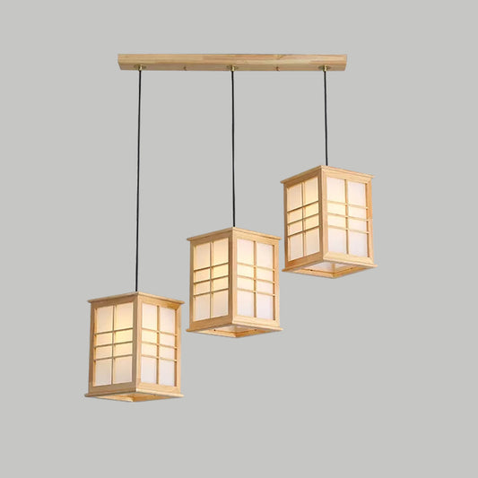 Japanese 3 Lights Pendant Beige Rectangular Hanging Lamp with Wooden Shade for Dining Room Clearhalo 'Ceiling Lights' 'Modern Pendants' 'Modern' 'Pendant Lights' 'Pendants' Lighting' 2293666