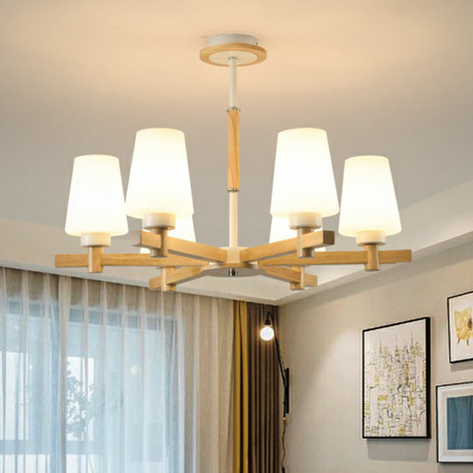 Conical Opal Glass Chandelier Lamp Contemporary Wood Hanging Ceiling Light for Bedroom 6 Wood Clearhalo 'Carpenter Chandeliers' 'Ceiling Lights' 'Chandeliers' 'Industrial' 'Modern Chandeliers' 'Modern' Lighting' 2293673