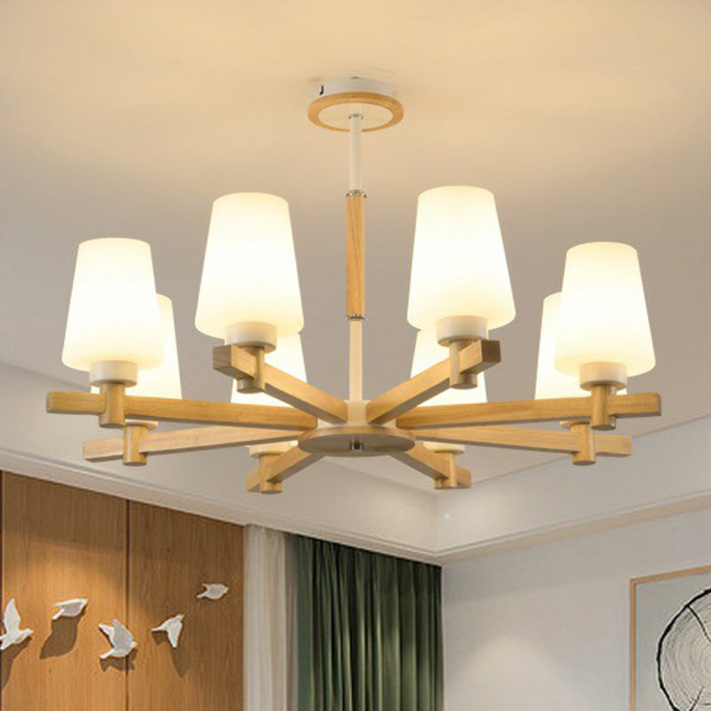 Conical Opal Glass Chandelier Lamp Contemporary Wood Hanging Ceiling Light for Bedroom 8 Wood Clearhalo 'Carpenter Chandeliers' 'Ceiling Lights' 'Chandeliers' 'Industrial' 'Modern Chandeliers' 'Modern' Lighting' 2293674