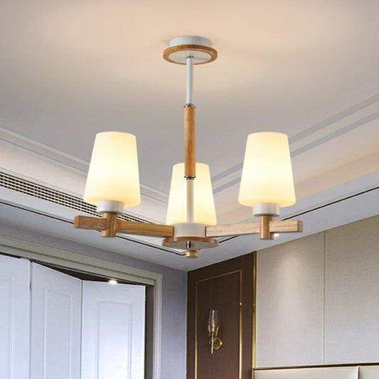 Conical Opal Glass Chandelier Lamp Contemporary Wood Hanging Ceiling Light for Bedroom 3 Wood Clearhalo 'Carpenter Chandeliers' 'Ceiling Lights' 'Chandeliers' 'Industrial' 'Modern Chandeliers' 'Modern' Lighting' 2293675