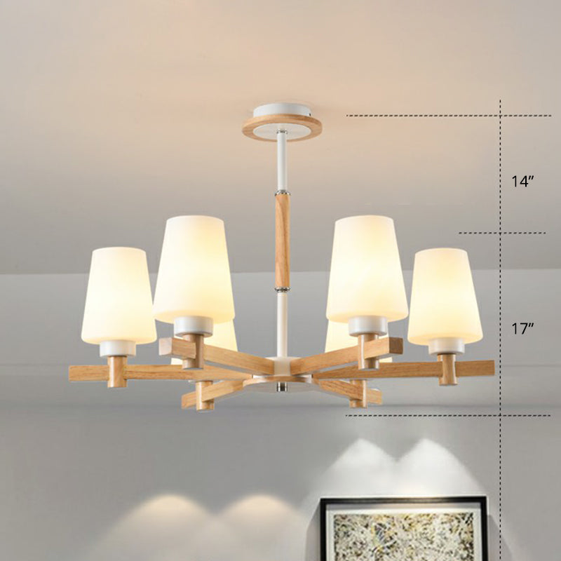 Conical Opal Glass Chandelier Lamp Contemporary Wood Hanging Ceiling Light for Bedroom Clearhalo 'Carpenter Chandeliers' 'Ceiling Lights' 'Chandeliers' 'Industrial' 'Modern Chandeliers' 'Modern' Lighting' 2293676