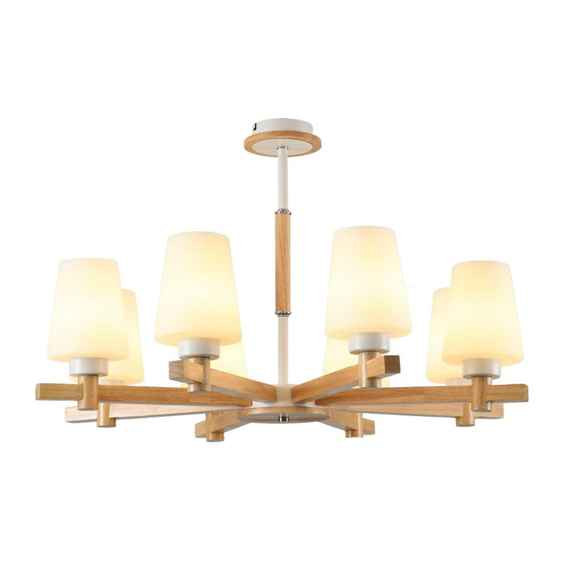 Conical Opal Glass Chandelier Lamp Contemporary Wood Hanging Ceiling Light for Bedroom Clearhalo 'Carpenter Chandeliers' 'Ceiling Lights' 'Chandeliers' 'Industrial' 'Modern Chandeliers' 'Modern' Lighting' 2293677