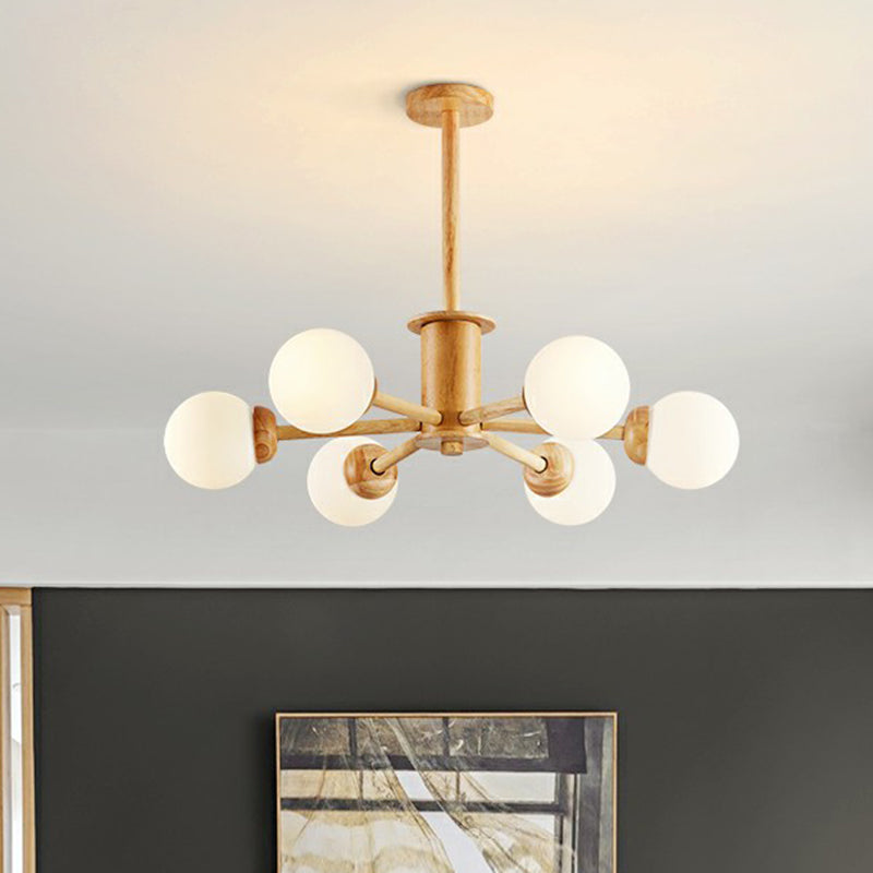 Wood Sputnik Chandelier Nordic White Ball Glass Ceiling Pendant Light for Living Room Clearhalo 'Carpenter Chandeliers' 'Ceiling Lights' 'Chandeliers' 'Industrial' 'Modern Chandeliers' 'Modern' Lighting' 2293691