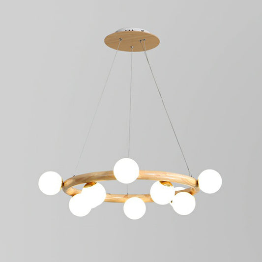 Circular Wooden Pendant Chandelier Minimalism Beige Hanging Light with Orb White Glass Shade 10 Wood Clearhalo 'Ceiling Lights' 'Chandeliers' 'Modern Chandeliers' 'Modern' Lighting' 2293693