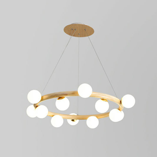 Circular Wooden Pendant Chandelier Minimalism Beige Hanging Light with Orb White Glass Shade 12 Wood Clearhalo 'Ceiling Lights' 'Chandeliers' 'Modern Chandeliers' 'Modern' Lighting' 2293695