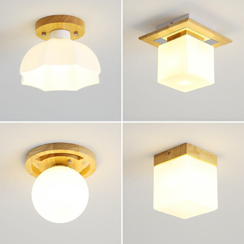 Small Aisle Ceiling Flush Light White Glass 1 Head Nordic Semi Mount Lighting in Wood Clearhalo 'Ceiling Lights' 'Close To Ceiling Lights' 'Close to ceiling' 'Glass shade' 'Glass' 'Semi-flushmount' Lighting' 2293698