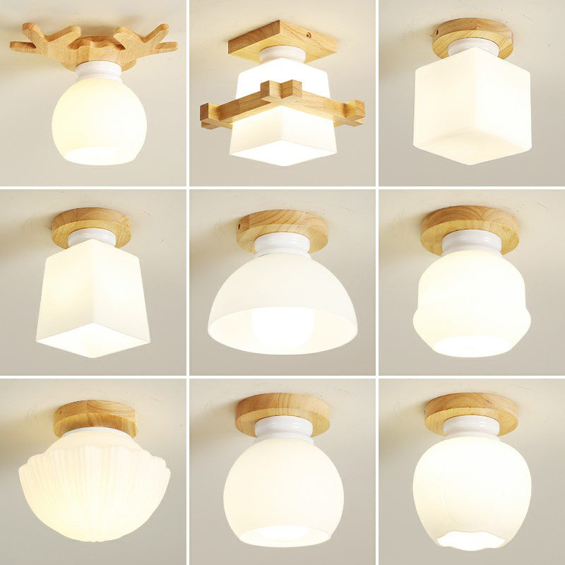 Small Aisle Ceiling Flush Light White Glass 1 Head Nordic Semi Mount Lighting in Wood Clearhalo 'Ceiling Lights' 'Close To Ceiling Lights' 'Close to ceiling' 'Glass shade' 'Glass' 'Semi-flushmount' Lighting' 2293699