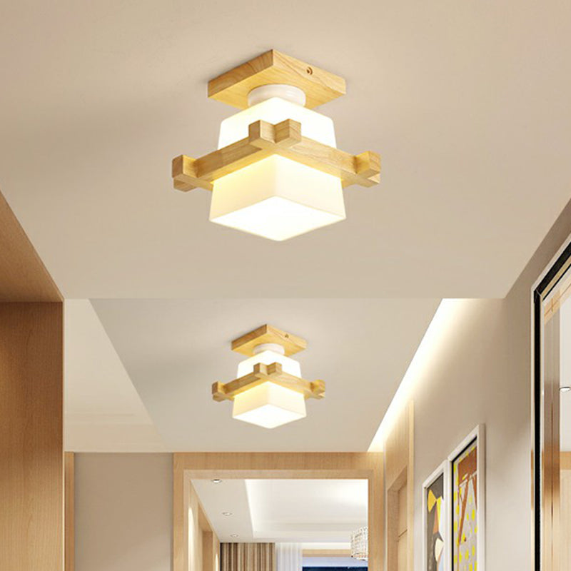 Small Aisle Ceiling Flush Light White Glass 1 Head Nordic Semi Mount Lighting in Wood Clearhalo 'Ceiling Lights' 'Close To Ceiling Lights' 'Close to ceiling' 'Glass shade' 'Glass' 'Semi-flushmount' Lighting' 2293700