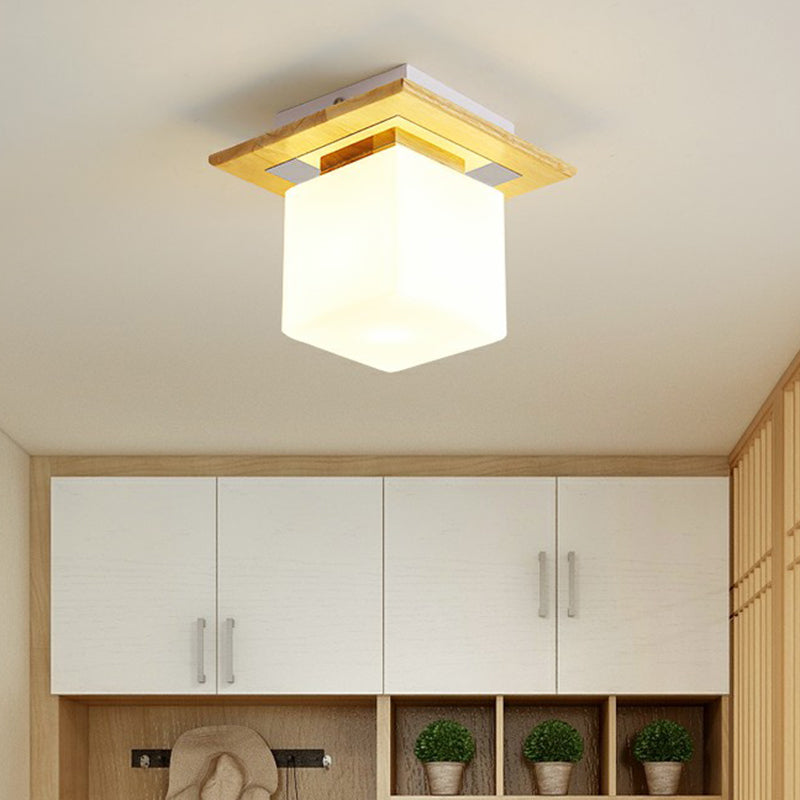 Small Aisle Ceiling Flush Light White Glass 1 Head Nordic Semi Mount Lighting in Wood Clearhalo 'Ceiling Lights' 'Close To Ceiling Lights' 'Close to ceiling' 'Glass shade' 'Glass' 'Semi-flushmount' Lighting' 2293703