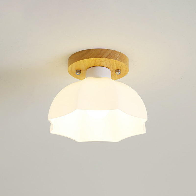 Small Aisle Ceiling Flush Light White Glass 1 Head Nordic Semi Mount Lighting in Wood White C Clearhalo 'Ceiling Lights' 'Close To Ceiling Lights' 'Close to ceiling' 'Glass shade' 'Glass' 'Semi-flushmount' Lighting' 2293705