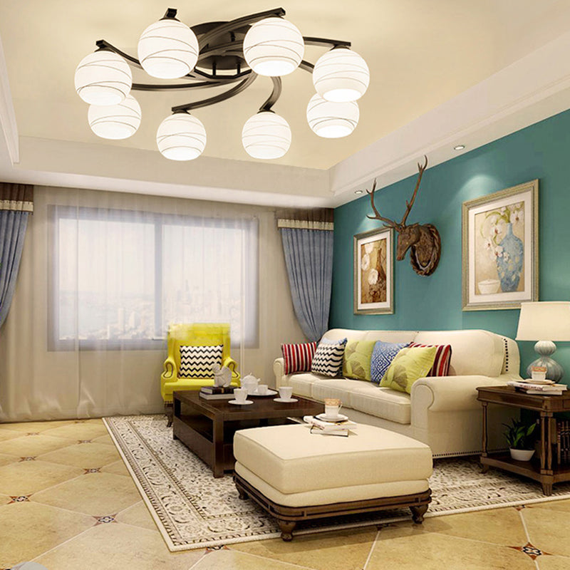 Black 3/5/8 Lights Ceiling Mount Traditional White Glass Spherical Semi Flush Light for Corridor 8 White Clearhalo 'Ceiling Lights' 'Chandeliers' 'Close To Ceiling Lights' 'Close to ceiling' 'Glass shade' 'Glass' 'Semi-flushmount' Lighting' 229371