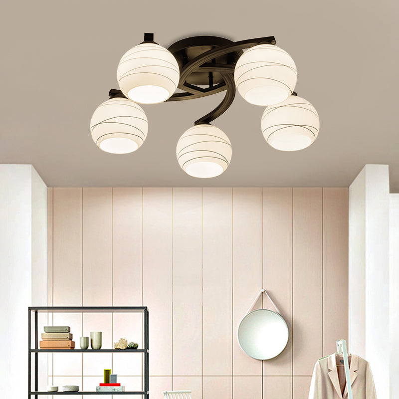 Black 3/5/8 Lights Ceiling Mount Traditional White Glass Spherical Semi Flush Light for Corridor 5 White Clearhalo 'Ceiling Lights' 'Chandeliers' 'Close To Ceiling Lights' 'Close to ceiling' 'Glass shade' 'Glass' 'Semi-flushmount' Lighting' 229375