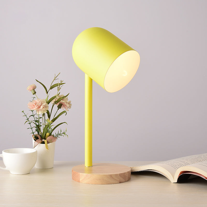 Macaron Elongated Dome Nightstand Light Metal 1 Head Bedroom Table Lamp with Wooden Base Yellow Clearhalo 'Lamps' 'Table Lamps' Lighting' 2293818