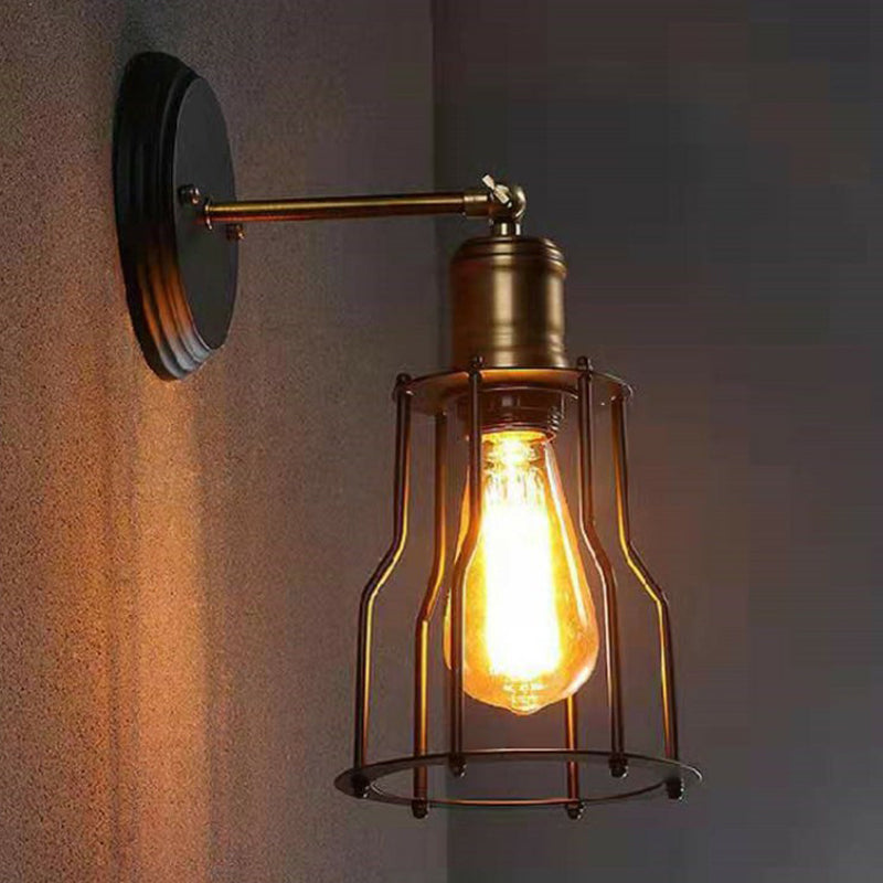 1-Light Swivelable Arm Wall Light Industrial Black Metal Wall Lamp Fixture with Cage Shade Clearhalo 'Art deco wall lights' 'Cast Iron' 'Glass' 'Industrial wall lights' 'Industrial' 'Middle century wall lights' 'Modern' 'Rustic wall lights' 'Tiffany' 'Traditional wall lights' 'Wall Lamps & Sconces' 'Wall Lights' Lighting' 2294010