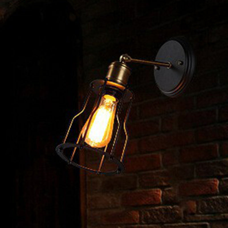 1-Light Swivelable Arm Wall Light Industrial Black Metal Wall Lamp Fixture with Cage Shade Clearhalo 'Art deco wall lights' 'Cast Iron' 'Glass' 'Industrial wall lights' 'Industrial' 'Middle century wall lights' 'Modern' 'Rustic wall lights' 'Tiffany' 'Traditional wall lights' 'Wall Lamps & Sconces' 'Wall Lights' Lighting' 2294012