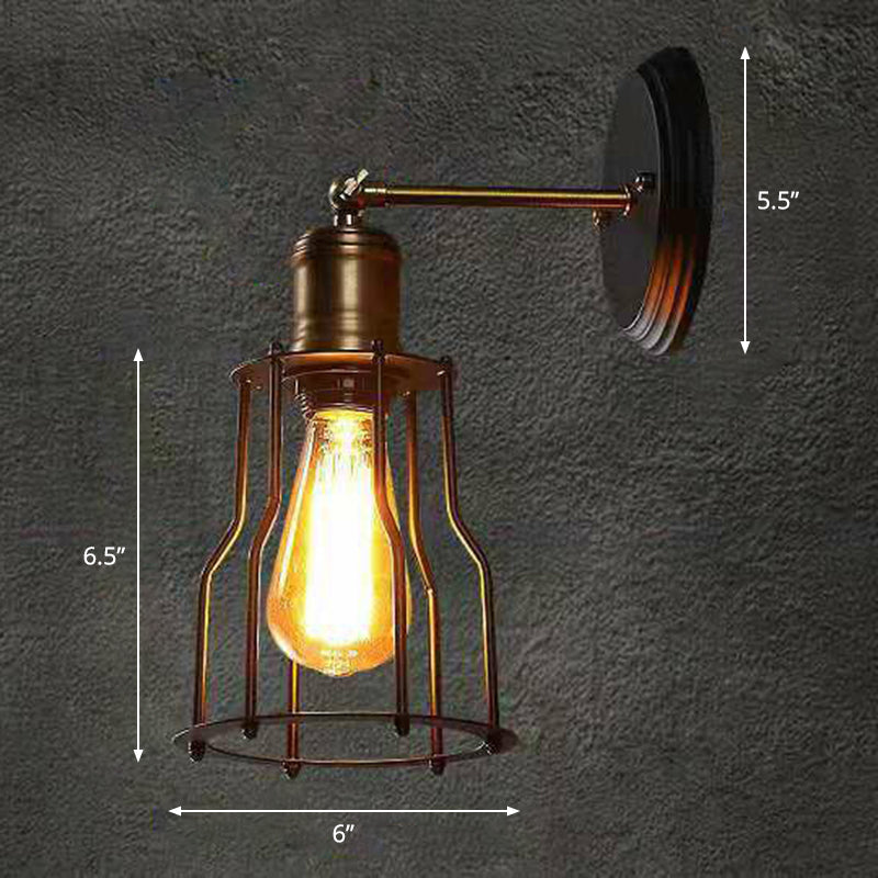 1-Light Swivelable Arm Wall Light Industrial Black Metal Wall Lamp Fixture with Cage Shade Clearhalo 'Art deco wall lights' 'Cast Iron' 'Glass' 'Industrial wall lights' 'Industrial' 'Middle century wall lights' 'Modern' 'Rustic wall lights' 'Tiffany' 'Traditional wall lights' 'Wall Lamps & Sconces' 'Wall Lights' Lighting' 2294014