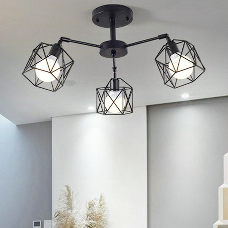 Flush Ceiling Light Industrial Living Room Flush Mount Light with Hexagonal Iron Cage in Black 3 Black Clearhalo 'Ceiling Lights' 'Close To Ceiling Lights' 'Close to ceiling' 'Flush mount' 'Industrial Flush Mount' Lighting' 2294015