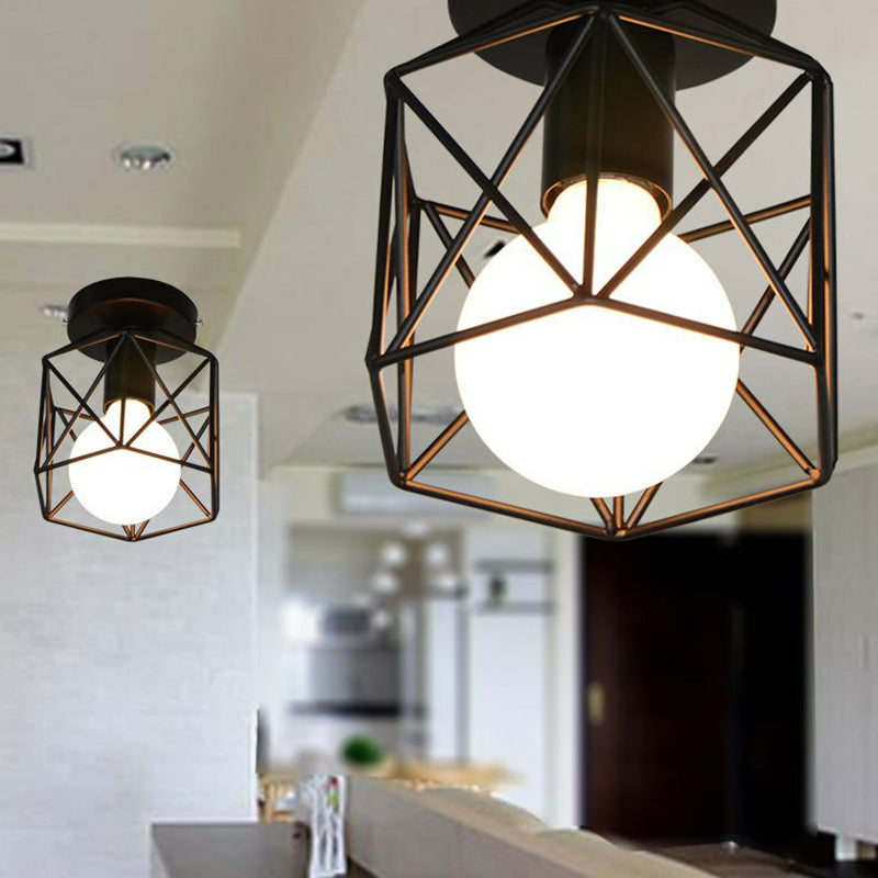 Flush Ceiling Light Industrial Living Room Flush Mount Light with Hexagonal Iron Cage in Black 1 Black Clearhalo 'Ceiling Lights' 'Close To Ceiling Lights' 'Close to ceiling' 'Flush mount' 'Industrial Flush Mount' Lighting' 2294016
