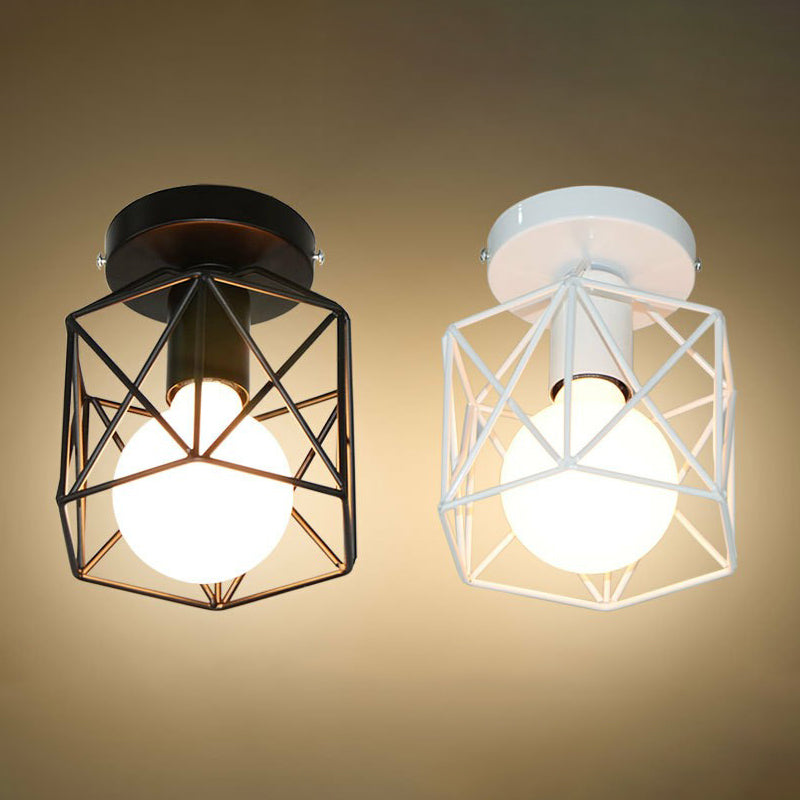 Flush Ceiling Light Industrial Living Room Flush Mount Light with Hexagonal Iron Cage in Black Clearhalo 'Ceiling Lights' 'Close To Ceiling Lights' 'Close to ceiling' 'Flush mount' 'Industrial Flush Mount' Lighting' 2294017