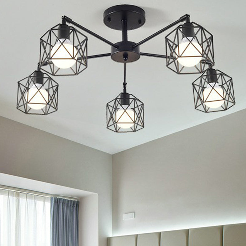 Flush Ceiling Light Industrial Living Room Flush Mount Light with Hexagonal Iron Cage in Black Clearhalo 'Ceiling Lights' 'Close To Ceiling Lights' 'Close to ceiling' 'Flush mount' 'Industrial Flush Mount' Lighting' 2294019