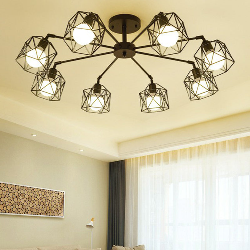 Flush Ceiling Light Industrial Living Room Flush Mount Light with Hexagonal Iron Cage in Black 8 Black Clearhalo 'Ceiling Lights' 'Close To Ceiling Lights' 'Close to ceiling' 'Flush mount' 'Industrial Flush Mount' Lighting' 2294021