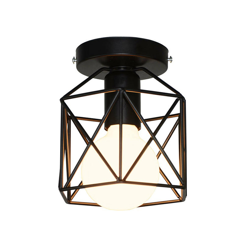 Flush Ceiling Light Industrial Living Room Flush Mount Light with Hexagonal Iron Cage in Black Clearhalo 'Ceiling Lights' 'Close To Ceiling Lights' 'Close to ceiling' 'Flush mount' 'Industrial Flush Mount' Lighting' 2294022