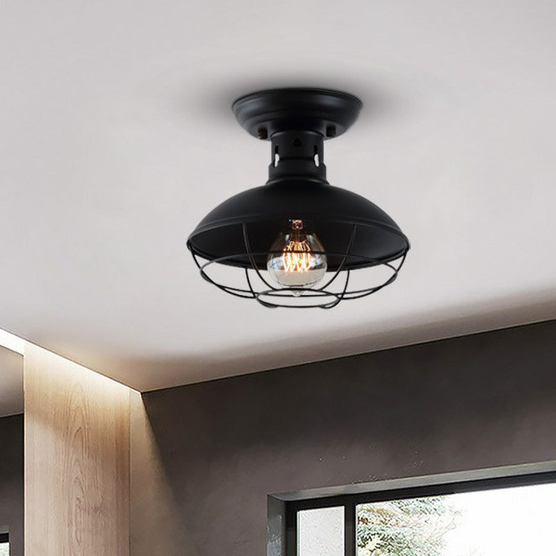 Metal Bowl Shaped Ceiling Lamp Farmhouse 1 Head Corridor Semi Flush Mount Light with Cage in Black Black Clearhalo 'Ceiling Lights' 'Close To Ceiling Lights' 'Close to ceiling' 'Semi-flushmount' Lighting' 2294034
