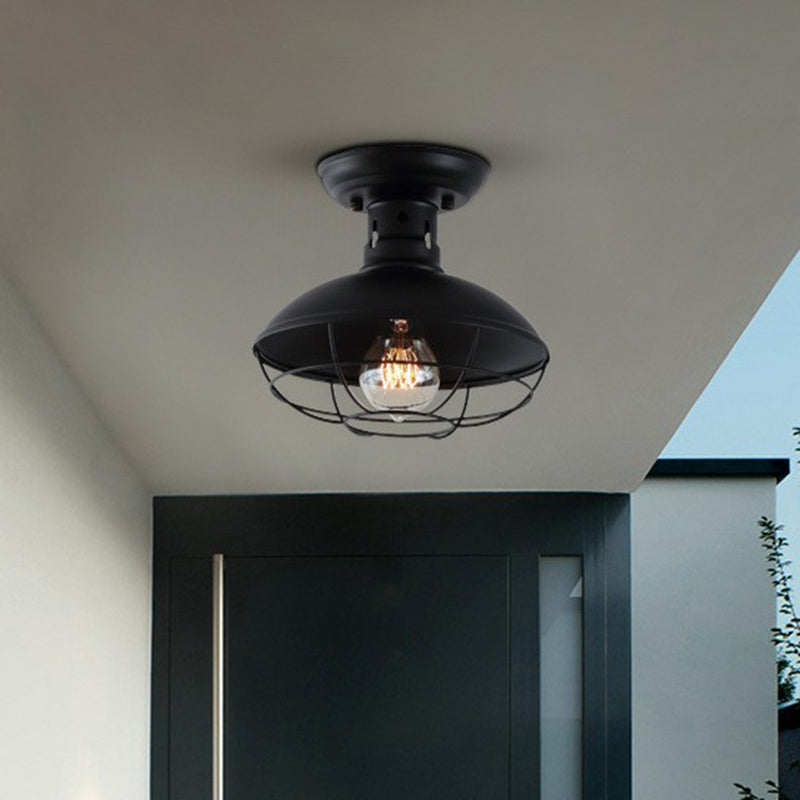Metal Bowl Shaped Ceiling Lamp Farmhouse 1 Head Corridor Semi Flush Mount Light with Cage in Black Clearhalo 'Ceiling Lights' 'Close To Ceiling Lights' 'Close to ceiling' 'Semi-flushmount' Lighting' 2294035