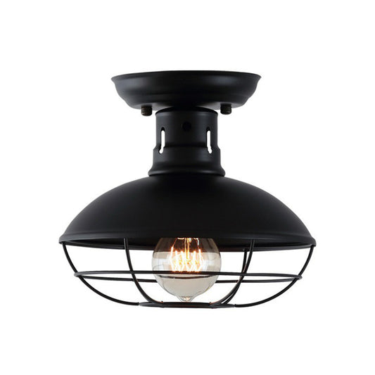 Metal Bowl Shaped Ceiling Lamp Farmhouse 1 Head Corridor Semi Flush Mount Light with Cage in Black Clearhalo 'Ceiling Lights' 'Close To Ceiling Lights' 'Close to ceiling' 'Semi-flushmount' Lighting' 2294037