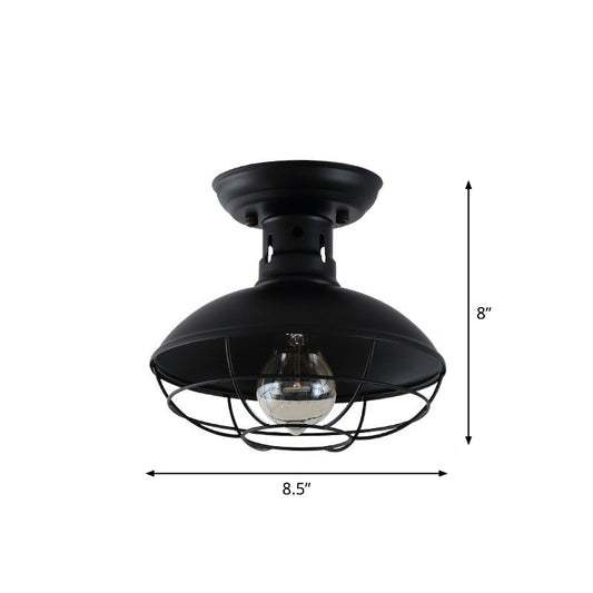 Metal Bowl Shaped Ceiling Lamp Farmhouse 1 Head Corridor Semi Flush Mount Light with Cage in Black Clearhalo 'Ceiling Lights' 'Close To Ceiling Lights' 'Close to ceiling' 'Semi-flushmount' Lighting' 2294038