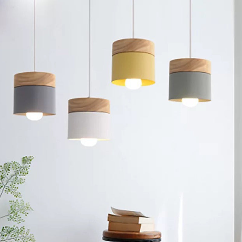 Cylindrical Metal Hanging Lamp Minimalist 1-Light Wood Pendant Light Fixture over Table Clearhalo 'Ceiling Lights' 'Pendant Lights' 'Pendants' Lighting' 2294081