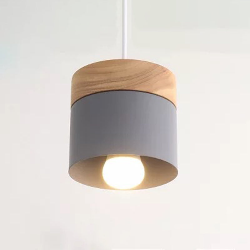 Cylindrical Metal Hanging Lamp Minimalist 1-Light Wood Pendant Light Fixture over Table Grey Clearhalo 'Ceiling Lights' 'Pendant Lights' 'Pendants' Lighting' 2294085_04e37478-7fdf-48b7-bb30-9c57d29c1cef