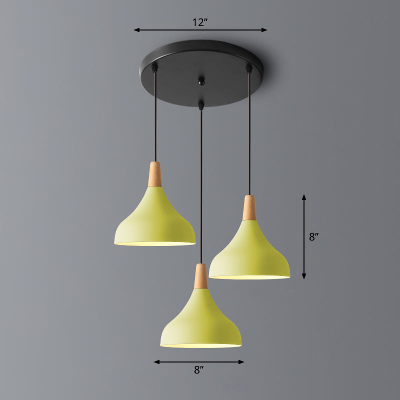 Swell Shape Pendant Light Macaron Metal 3-Head Multi Hanging Light Fixture with Wood Tip Yellow Round Clearhalo 'Ceiling Lights' 'Pendant Lights' 'Pendants' Lighting' 2294116_255c7cf1-97b3-428b-90f8-d6ccda833ff5