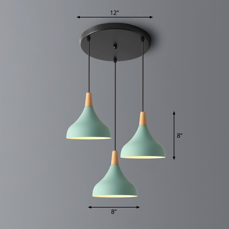Swell Shape Pendant Light Macaron Metal 3-Head Multi Hanging Light Fixture with Wood Tip Green Round Clearhalo 'Ceiling Lights' 'Pendant Lights' 'Pendants' Lighting' 2294122_d7f90e79-3fea-408d-9503-d562586bb11e