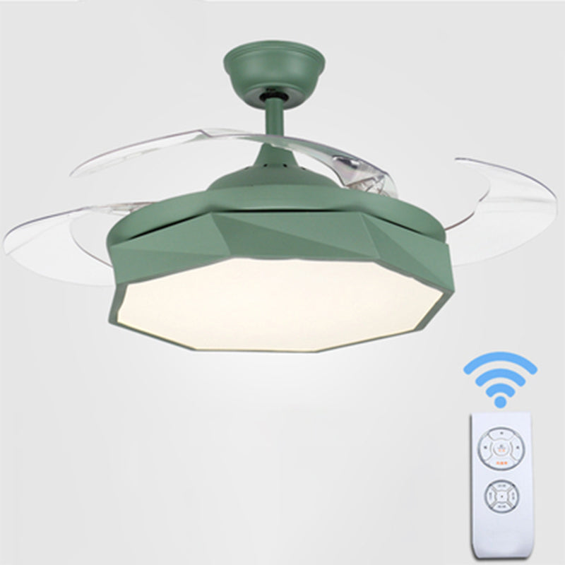 4-Blade Acrylic Octagon Hanging Fan Lamp Macaron 42" Wide LED Semi Flush Light with Remote Green Remote Clearhalo 'Ceiling Fans with Lights' 'Ceiling Fans' 'Kids Ceiling Fans' 'Kids' Lighting' 2294147