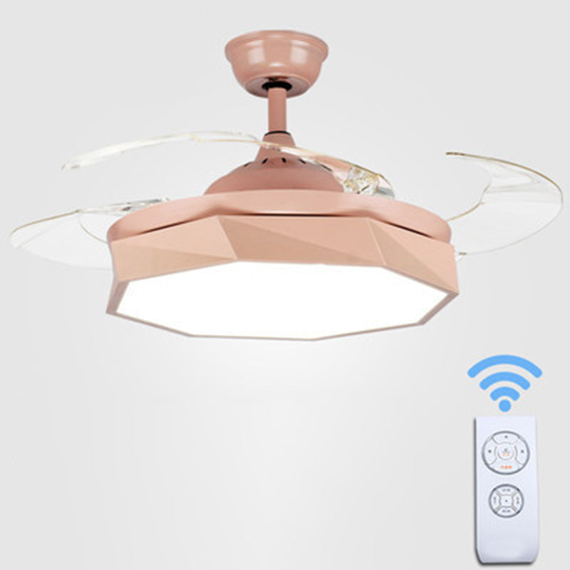 4-Blade Acrylic Octagon Hanging Fan Lamp Macaron 42" Wide LED Semi Flush Light with Remote Pink Remote Clearhalo 'Ceiling Fans with Lights' 'Ceiling Fans' 'Kids Ceiling Fans' 'Kids' Lighting' 2294149