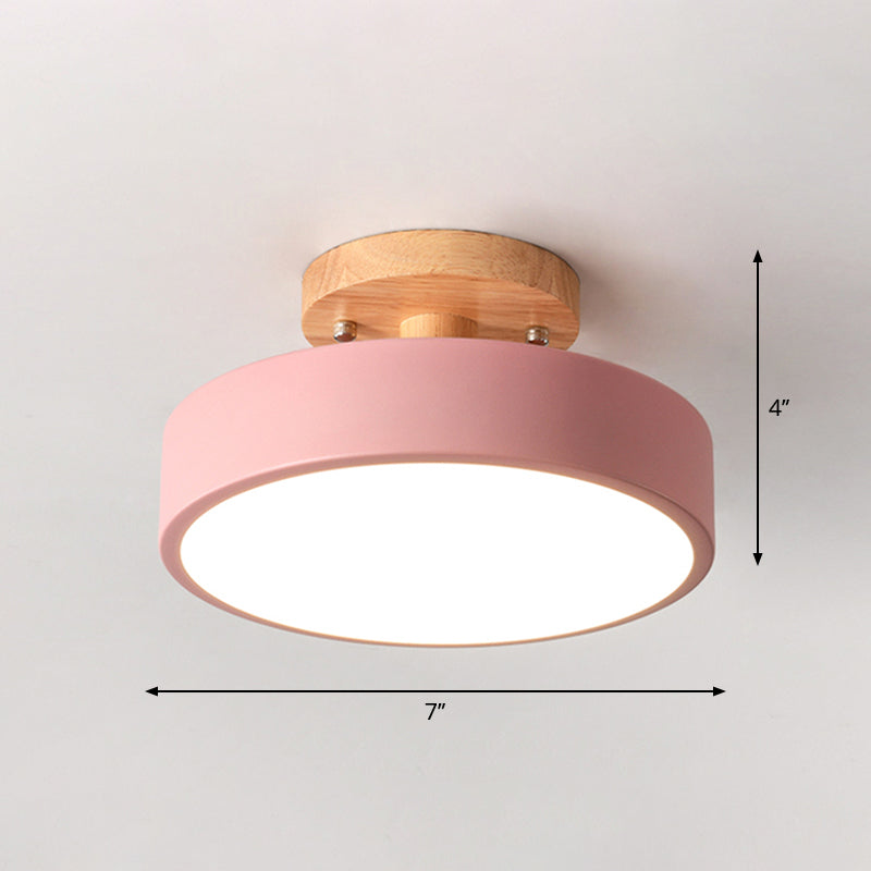 Corridor LED Ceiling Light Simplicity Wood Semi Flush Mount Lighting with Round Acrylic Shade Pink Clearhalo 'Ceiling Lights' 'Close To Ceiling Lights' 'Close to ceiling' 'Semi-flushmount' Lighting' 2294153