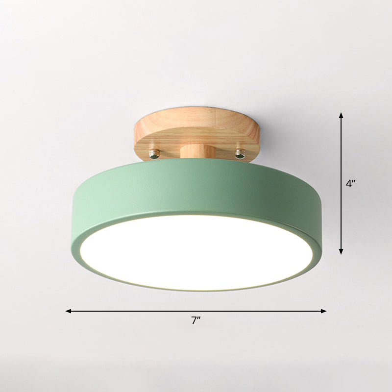 Corridor LED Ceiling Light Simplicity Wood Semi Flush Mount Lighting with Round Acrylic Shade Green Clearhalo 'Ceiling Lights' 'Close To Ceiling Lights' 'Close to ceiling' 'Semi-flushmount' Lighting' 2294157