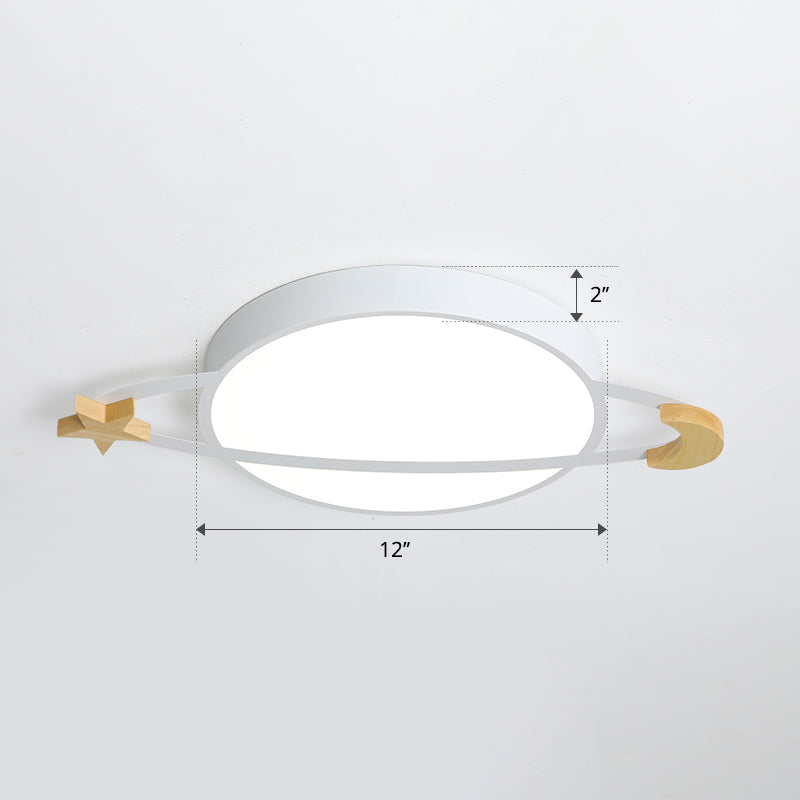 Ringed Planet LED Flushmount Light Childrens Acrylic White Ceiling Fixture with Wooden Moon and Star White 12" Third Gear Clearhalo 'Ceiling Lights' 'Close To Ceiling Lights' 'Close to ceiling' 'Flush mount' Lighting' 2294175