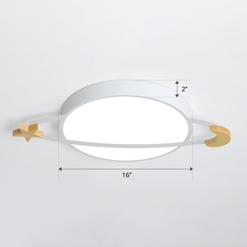 Ringed Planet LED Flushmount Light Childrens Acrylic White Ceiling Fixture with Wooden Moon and Star White 16" White Clearhalo 'Ceiling Lights' 'Close To Ceiling Lights' 'Close to ceiling' 'Flush mount' Lighting' 2294176