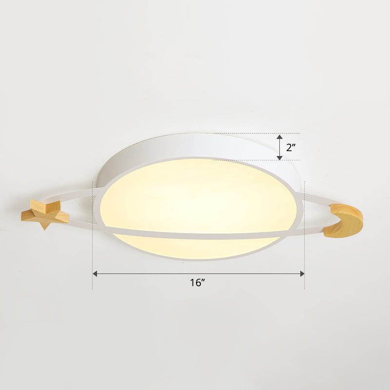 Ringed Planet LED Flushmount Light Childrens Acrylic White Ceiling Fixture with Wooden Moon and Star White 16" Warm Clearhalo 'Ceiling Lights' 'Close To Ceiling Lights' 'Close to ceiling' 'Flush mount' Lighting' 2294177