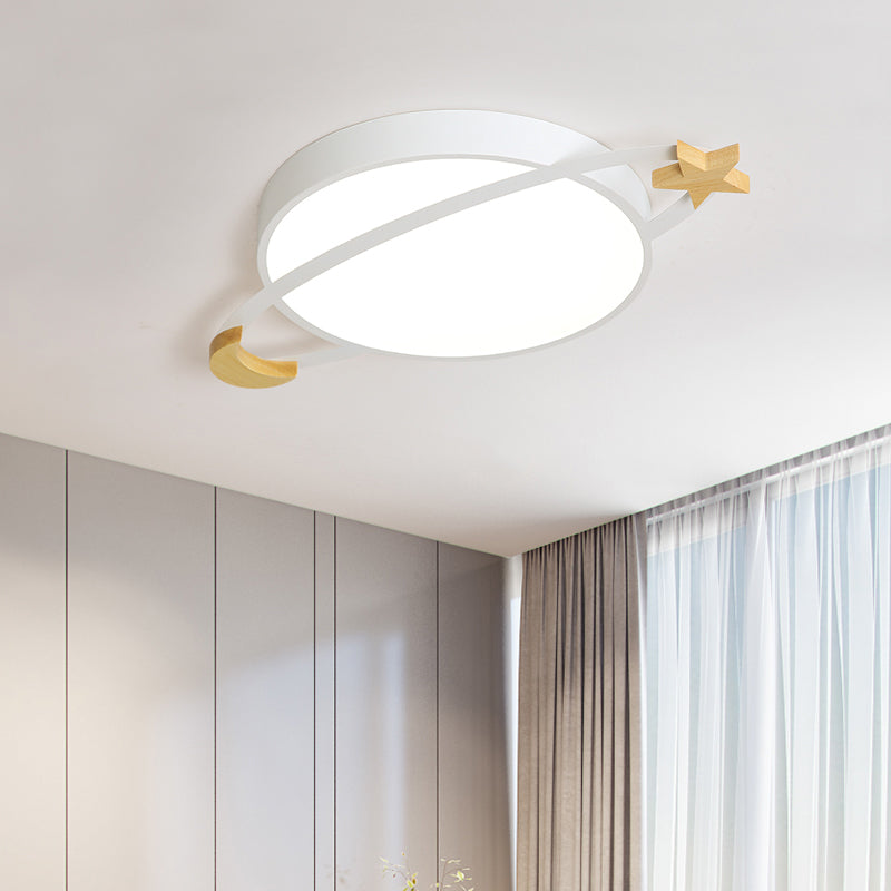 Ringed Planet LED Flushmount Light Childrens Acrylic White Ceiling Fixture with Wooden Moon and Star Clearhalo 'Ceiling Lights' 'Close To Ceiling Lights' 'Close to ceiling' 'Flush mount' Lighting' 2294178