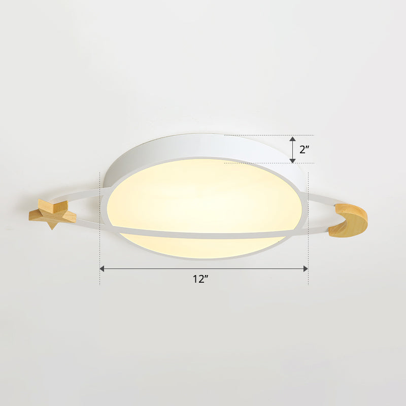 Ringed Planet LED Flushmount Light Childrens Acrylic White Ceiling Fixture with Wooden Moon and Star White 12" Warm Clearhalo 'Ceiling Lights' 'Close To Ceiling Lights' 'Close to ceiling' 'Flush mount' Lighting' 2294180