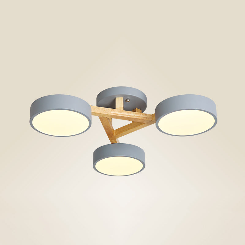 Wood Branch Ceiling Flush Light Minimalistic LED Semi Flush Mount Lamp with Round Acrylic Shade 3 Grey Warm Clearhalo 'Ceiling Lights' 'Close To Ceiling Lights' 'Close to ceiling' 'Semi-flushmount' Lighting' 2294291