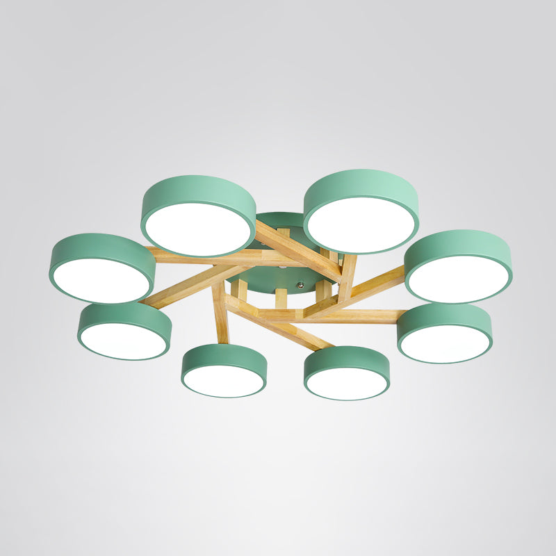 Wood Branch Ceiling Flush Light Minimalistic LED Semi Flush Mount Lamp with Round Acrylic Shade 8 Green White Clearhalo 'Ceiling Lights' 'Close To Ceiling Lights' 'Close to ceiling' 'Semi-flushmount' Lighting' 2294293