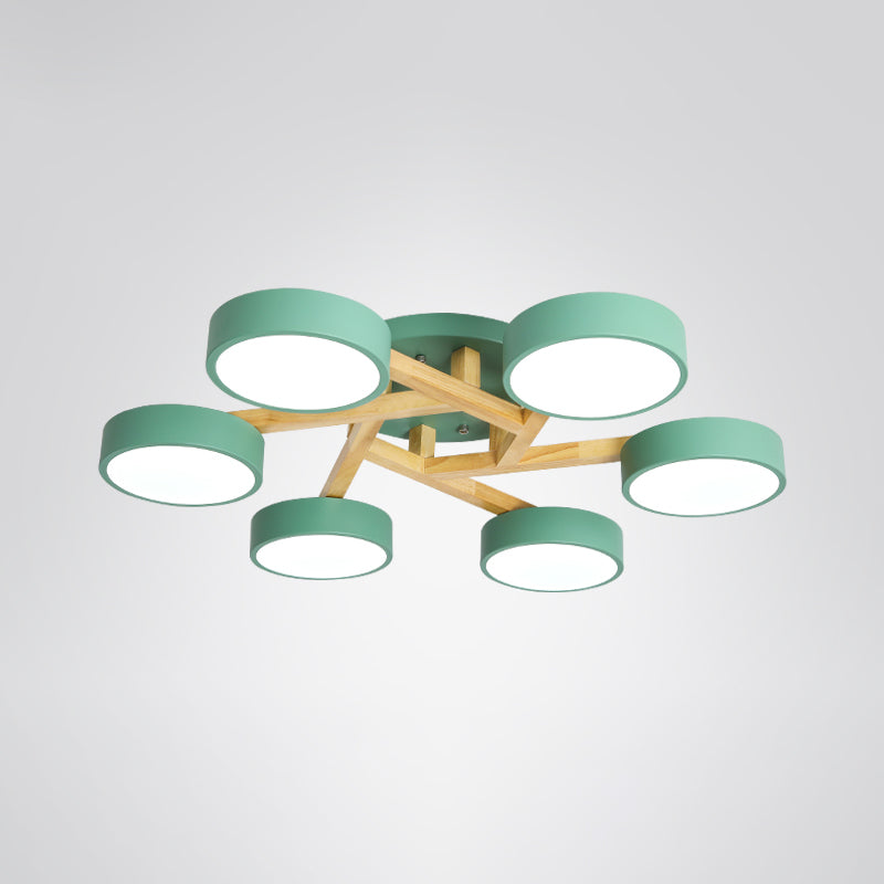 Wood Branch Ceiling Flush Light Minimalistic LED Semi Flush Mount Lamp with Round Acrylic Shade 6 Green White Clearhalo 'Ceiling Lights' 'Close To Ceiling Lights' 'Close to ceiling' 'Semi-flushmount' Lighting' 2294294