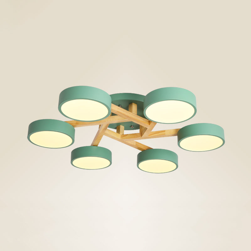 Wood Branch Ceiling Flush Light Minimalistic LED Semi Flush Mount Lamp with Round Acrylic Shade 6 Green Warm Clearhalo 'Ceiling Lights' 'Close To Ceiling Lights' 'Close to ceiling' 'Semi-flushmount' Lighting' 2294295