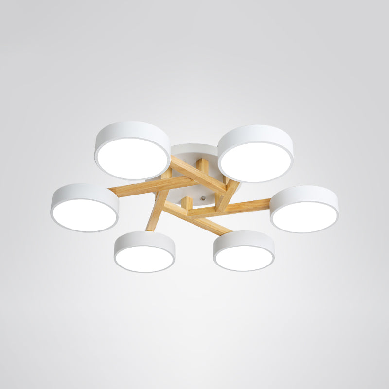 Wood Branch Ceiling Flush Light Minimalistic LED Semi Flush Mount Lamp with Round Acrylic Shade 6 White White Clearhalo 'Ceiling Lights' 'Close To Ceiling Lights' 'Close to ceiling' 'Semi-flushmount' Lighting' 2294300
