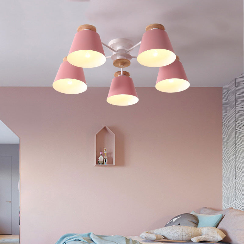 Tapered Flush Chandelier Lighting Macaron Metal Bedroom Semi Flush Light Fixture Pink Clearhalo 'Ceiling Lights' 'Close To Ceiling Lights' 'Close to ceiling' 'Semi-flushmount' Lighting' 2294308
