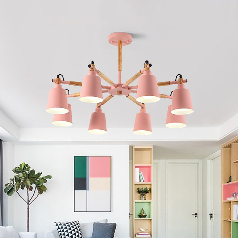 8 Bulbs Living Room Chandelier Macaron Wood Pendant Light with Tapered Metal Shade Clearhalo 'Ceiling Lights' 'Chandeliers' Lighting' options 2294311